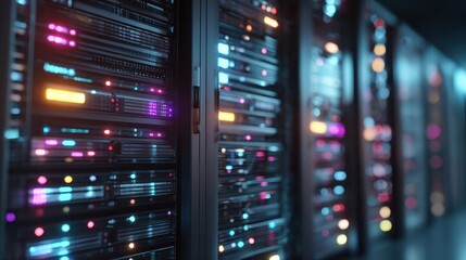 closeup server racks glowing lights