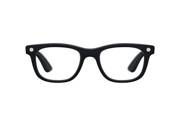 Fototapeta premium Black eyeglasses, front view. Simple, rectangular frame, clear lenses. Small, round accents on temples