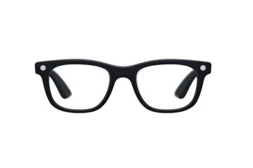 Black eyeglasses, front view.  Simple, rectangular frame, clear lenses.  Small, round accents on temples