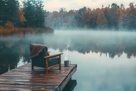 Peaceful autumn morning solitude a cozy chair on a misty lake dock with warm golden light and a steaming mug - Powered by Adobe