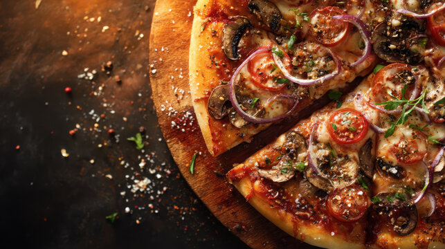 Delicious pizza with toppings on wooden board overhead view