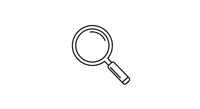 Magnifying glass icon in black and white, representing search and investigation.