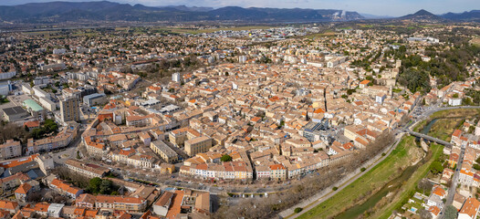 An aerial panorama view around the old town in the city Montélimar   in France on a sunny morning in early spring