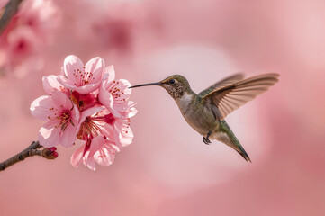 Fototapeta premium Hummingbird nectar gathering macro photograph delicate pink blossom spring aerial action