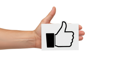 Hand holding a white card with a thumbs up symbol on a white background.