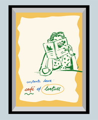 Poster dolce vita themed food and drinks. Ink drawn vector doodle in expressive freeform style. Perfect for websites, apps, posters, and more.