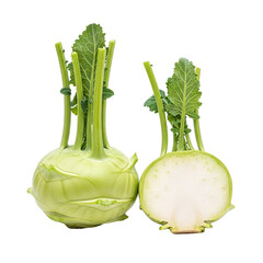 Fresh kohlrabi isolated sliced showing crisp interior Culinary ingredient food styling organic on transparent background