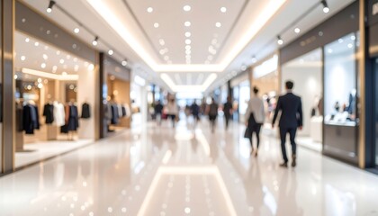 Blurred view of a busy shopping mall interior. People walking in a spacious hallway, displays of clothing and accessories visible in the store fronts