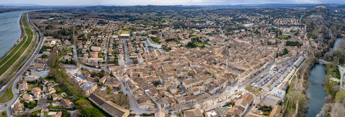An aerial panorama view around the old town in the city Roquemaure in France on a sunny morning in early spring