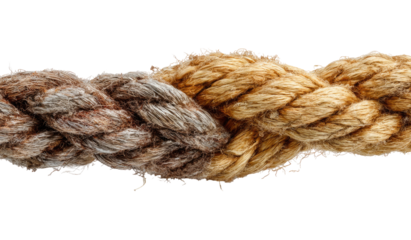 Close-up of intertwined nautical rope, tan and gray strands