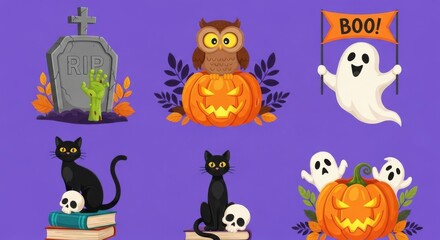Naklejka premium Collection of halloween icons including a tombstone, ghost, owl, black cats, and pumpkins