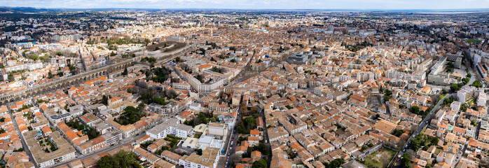 An aerial panorama view around the old town in the city Montpellier in France on a sunny morning in early spring