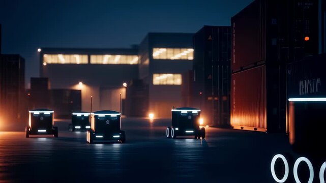 Evening footage of illuminated delivery robots operating safely under lowlight conditions in a logistics park.
