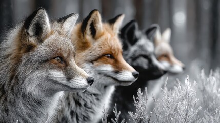 Obraz premium Row of Foxes in Nature with Selective Coloring, Wildlife Portrait