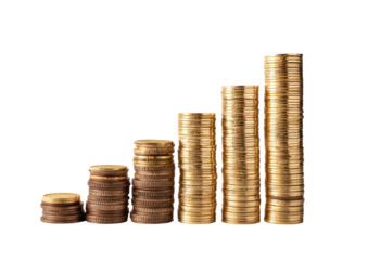 Stacks of coins arranged in a rising graph.  Gold and bronze coins form ascending columns