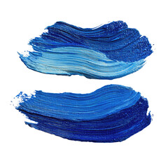 Two overlapping, irregular,  paint strokes in shades of blue,  on a black background
