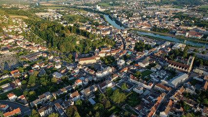 An aerial panorama view around the old town in the city Château-Thierry in France on a sunny afternoon in early spring