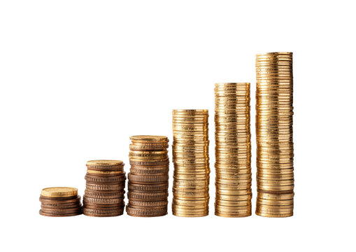 Stacks of coins arranged in a rising graph.  Gold and bronze coins form ascending columns