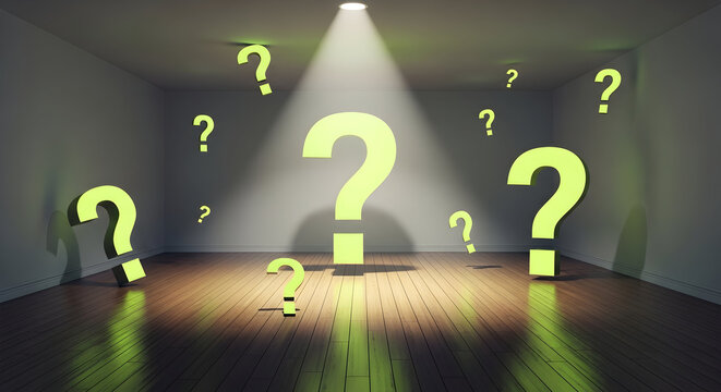 A room filled with glowing question marks illuminated by a spotlight highlighting uncertainty and inquiry