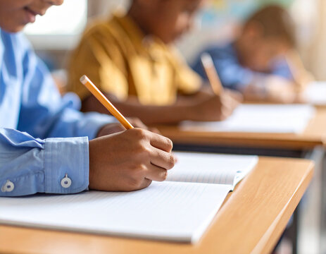 mano de un escolar escribiendo con un l&aacute;piz sobre una libreta en el aula de una escuela, representando la vuelta al colegio, la escolarizaci&oacute;n, el aprendizaje y el estudio en el inicio del curso