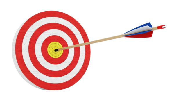 Arrow hitting bullseye on target, achieving success.