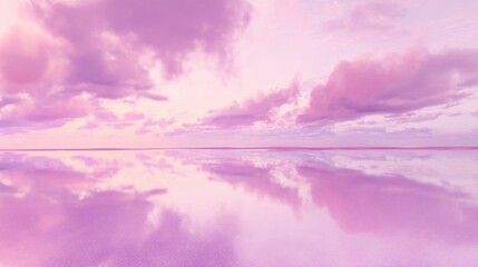 Naklejka premium Surreal landscape with mirrored reflection on pastel pink water, billowing clouds perfectly mirrored,