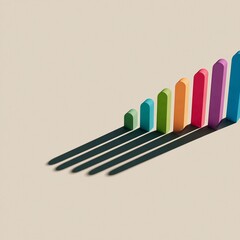 Obraz premium Bright 3D bar chart in rainbow colors with long shadows symbolizing progress and growth