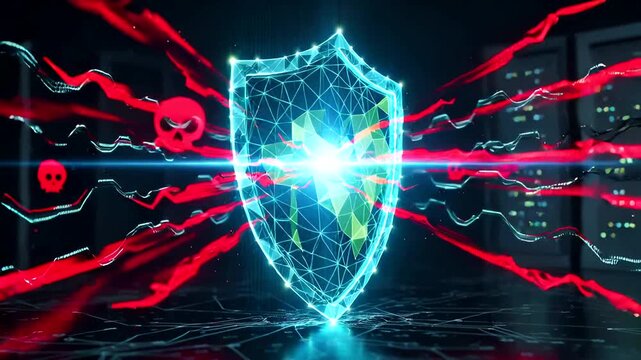 Cybersecurity shield protecting data from cyber attacks, digital security concept illustration, - Powered by Adobe