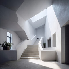 Fototapeta premium Minimalist architectural staircase with clean geometry and natural light; abstract interior detail for design projects.