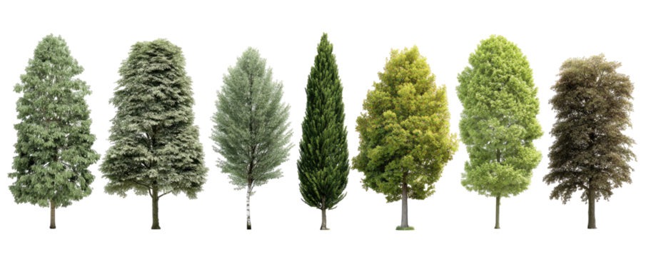 Row of diverse tree silhouettes