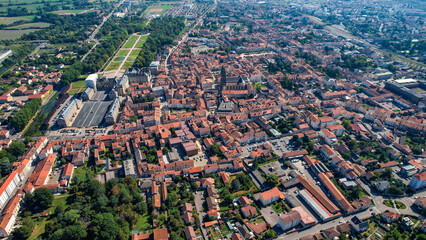 An aerial panorama view around the old town in the city Lunéville in France on a sunny afternoon in early spring