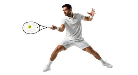 A professional tennis player in white sportswear hitting a tennis ball with a racket on a white background