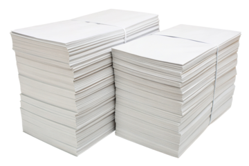 Stacks of white paper reams for office or printing use isolated on a clean white background image