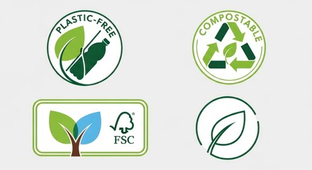 Obraz premium Collection of four green and white eco-friendly icons representing plastic-free, compostable, and FSC certified products.