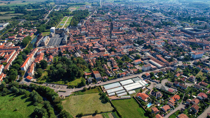 An aerial panorama view around the old town in the city Lunéville in France on a sunny afternoon in early spring