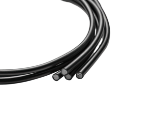 Close-up view of several black insulated wires bundled together.  The wires have a smooth, dark black covering.  Individual wires are visible, showing a metallic core.  Dark background