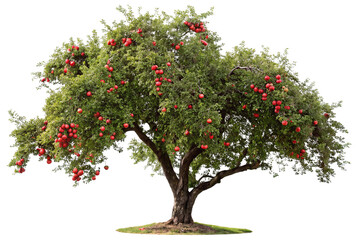Lush apple tree full of ripe red apples against a bright white background for fresh nature vibe