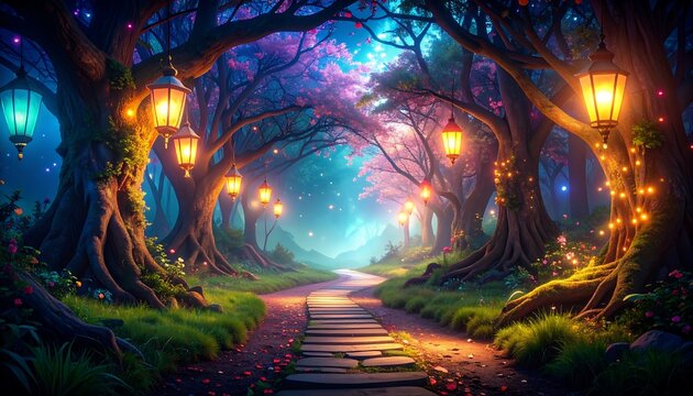 Magical, glowing path through a vibrant, enchanted forest at night