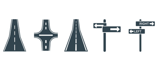 Icons of roads and directional signs in dark blue on a white background Keywords: road, street, highway, intersection, crossroads