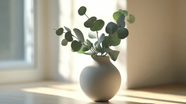 A white vase filled with green leaves, perfect for home decor or event decoration