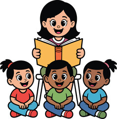 Teacher Reading to Children Cartoon Illustration for Education and Learning