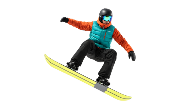 A snowboarder in mid-air performing a jump during a winter sport activity on a white background