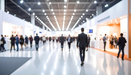 Blurred view of a large exhibition hall with many people walking