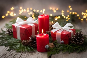 Festive Christmas Still Life with Gifts, Candles, and Evergreen Sprigs Illuminating the Holiday Season