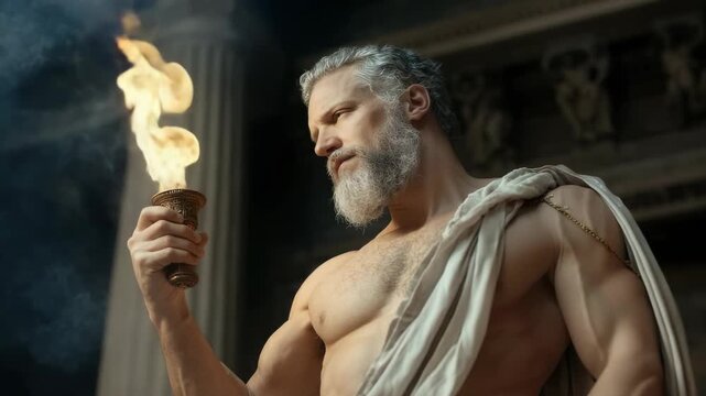 Prometheus fire bearer: mythic figure, ancient legend, blazing flame, divine spark, heroic titan, sacred symbol, eternal light, celestial element, burning gift, powerful force, glowing ember,