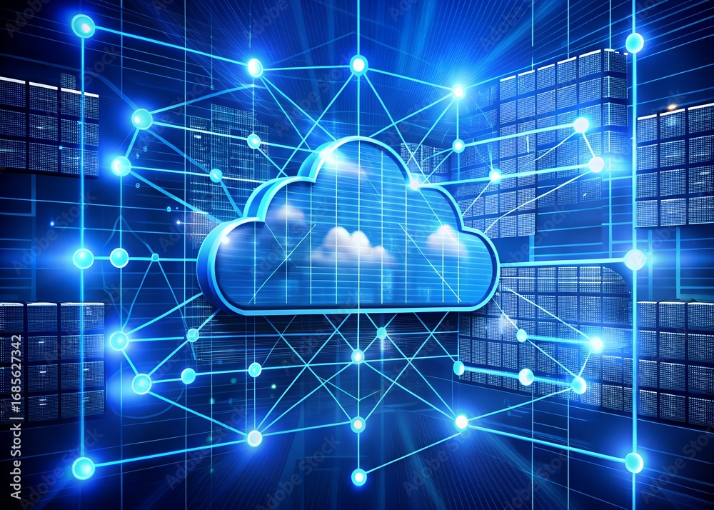 Wall mural digital cloud computing network connection with glowing blue lines and nodes in a futuristic data ce