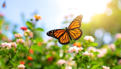 Obraz premium Monarch butterfly in flight amidst vibrant flowers under a bright sky
