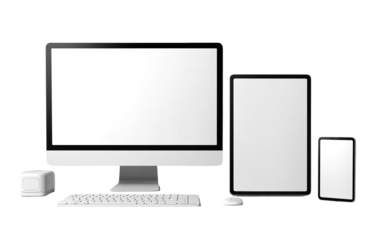 Modern computer setup with monitor, tablet, and phone
