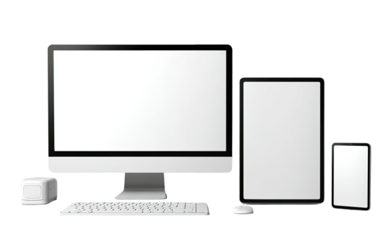 Modern computer setup with monitor, tablet, and phone