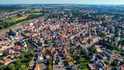 An aerial panorama view around the old town in the city Sarrebourg in France on a sunny afternoon in early spring